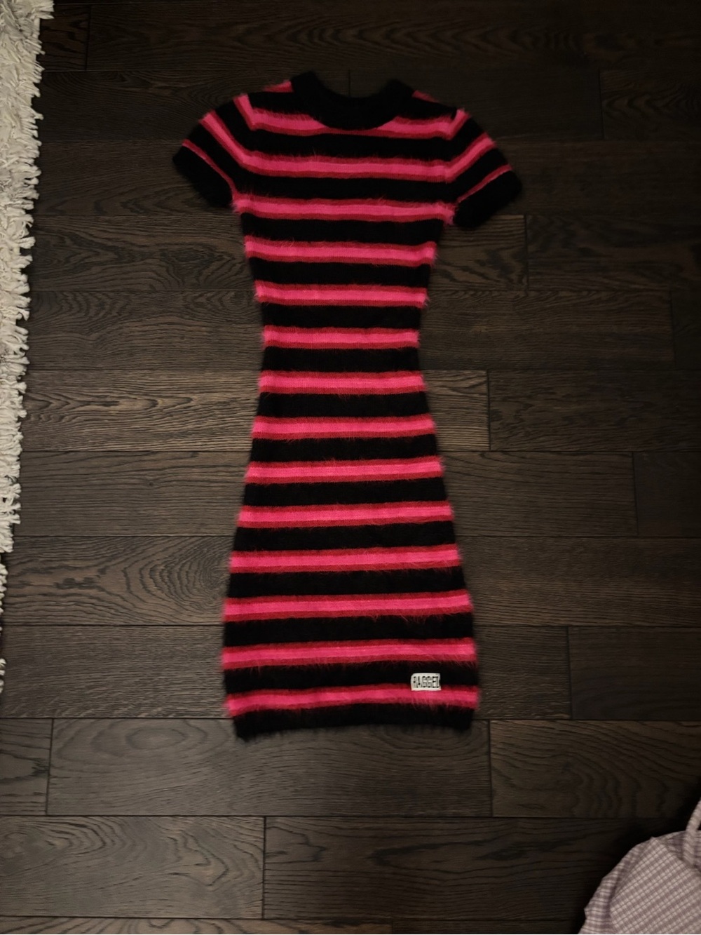 Fuzzy Striped Short-Sleeve Mini Dress in Black and Hot Pink